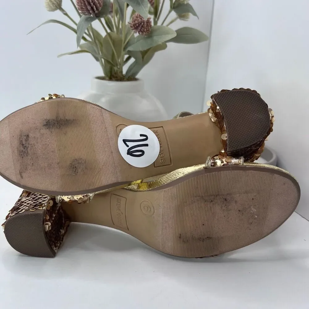 Steve Madden Carrson Sandal Gold Sequin Ankle Strap Block Heel Women's US 6 M